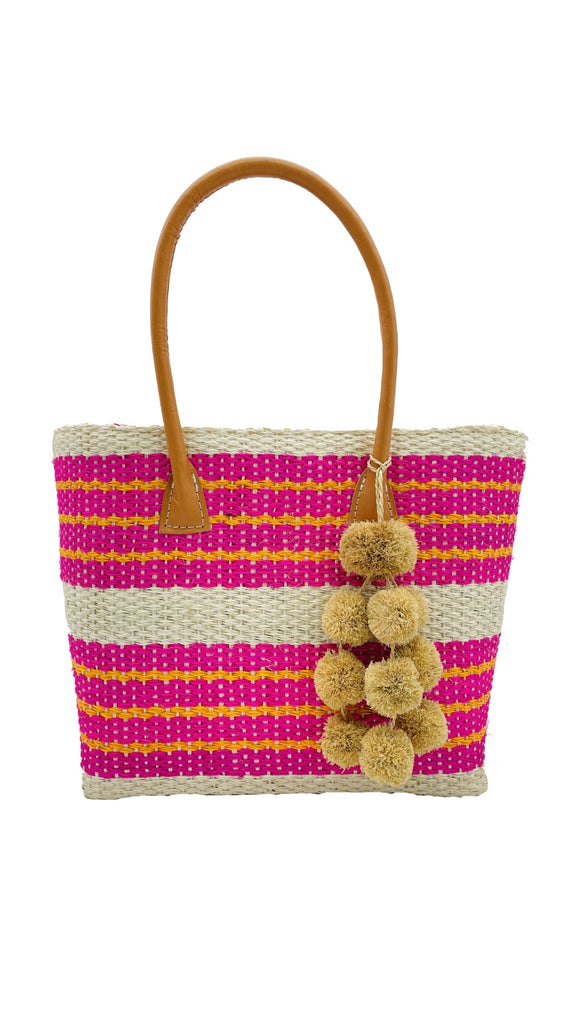 Imperial Handbag woven sisal in natural straw color, fuchsia pink, and saffron yellow stripe pattern basket with raffia waterfall pompom charm embellishment - Shebobo