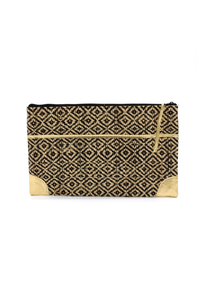 Inverness Woven Straw Clutch with Gold Accents handmade zippered pouch purse woven raffia black and natural two tone contrasting diamond pattern - Shebobo