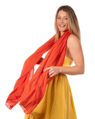 Model wearing Isla Solid Color Cotton Scarf Wrap Coral Orange - Shebobo