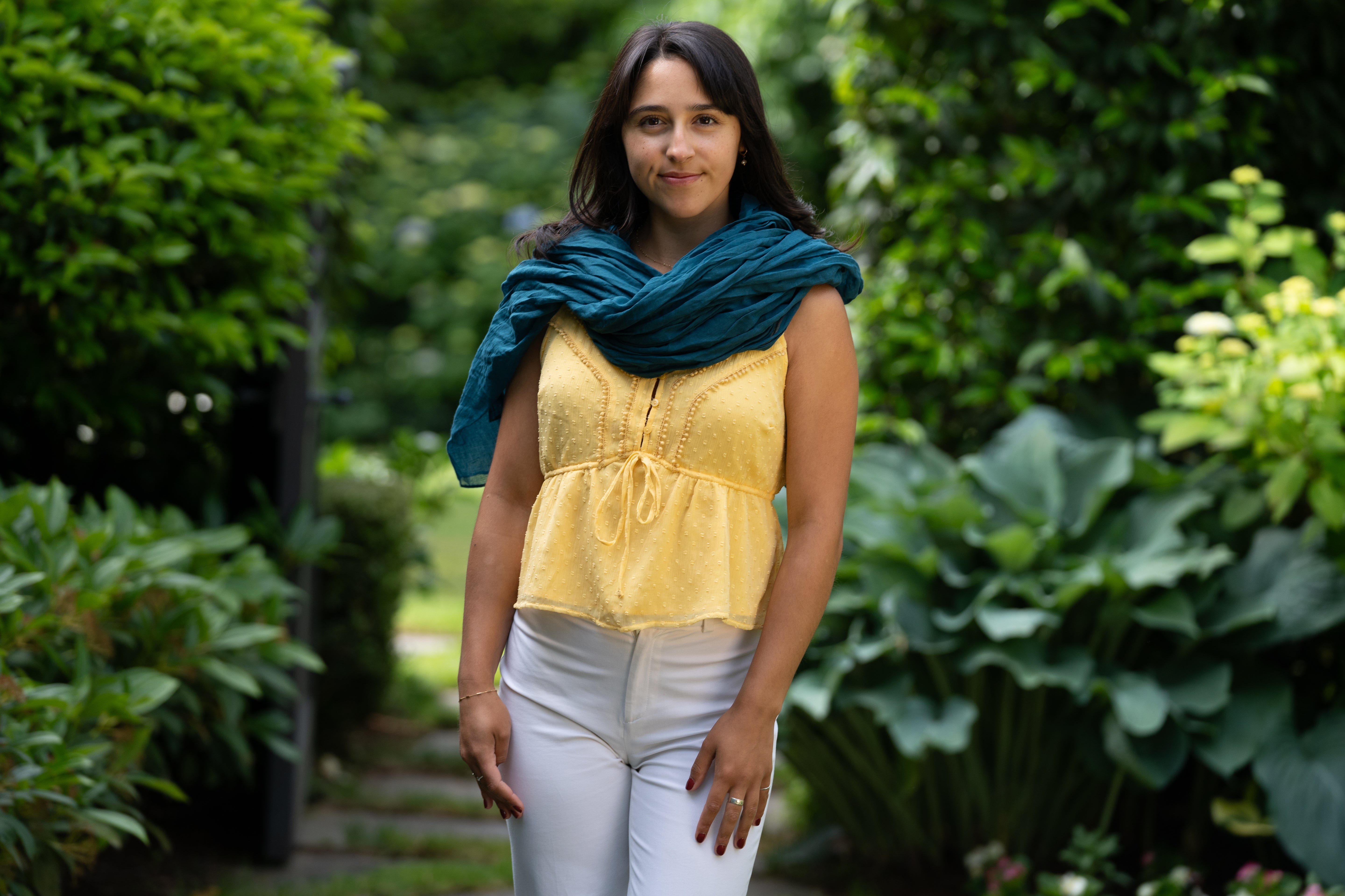 Model wearing Isla Solid Color Cotton Scarf Wrap Teal Dark Blue Green - Shebobo