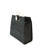 Side View JoJo Woven Straw Handbag with Metal Ring Handle handmade natural raffia palm fiber in a solid hue of black with matching woven thread texture and metallic circular metal ring handle - Shebobo