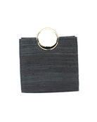 JoJo Woven Straw Handbag with Metal Ring Handle handmade natural raffia palm fiber in a solid hue of Black with matching woven thread texture and metallic circular metal ring handle - Shebobo