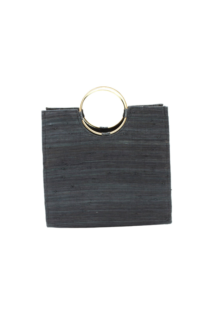 JoJo Woven Straw Handbag with Metal Ring Handle handmade natural raffia palm fiber in a solid hue of Black with matching woven thread texture and metallic circular metal ring handle - Shebobo