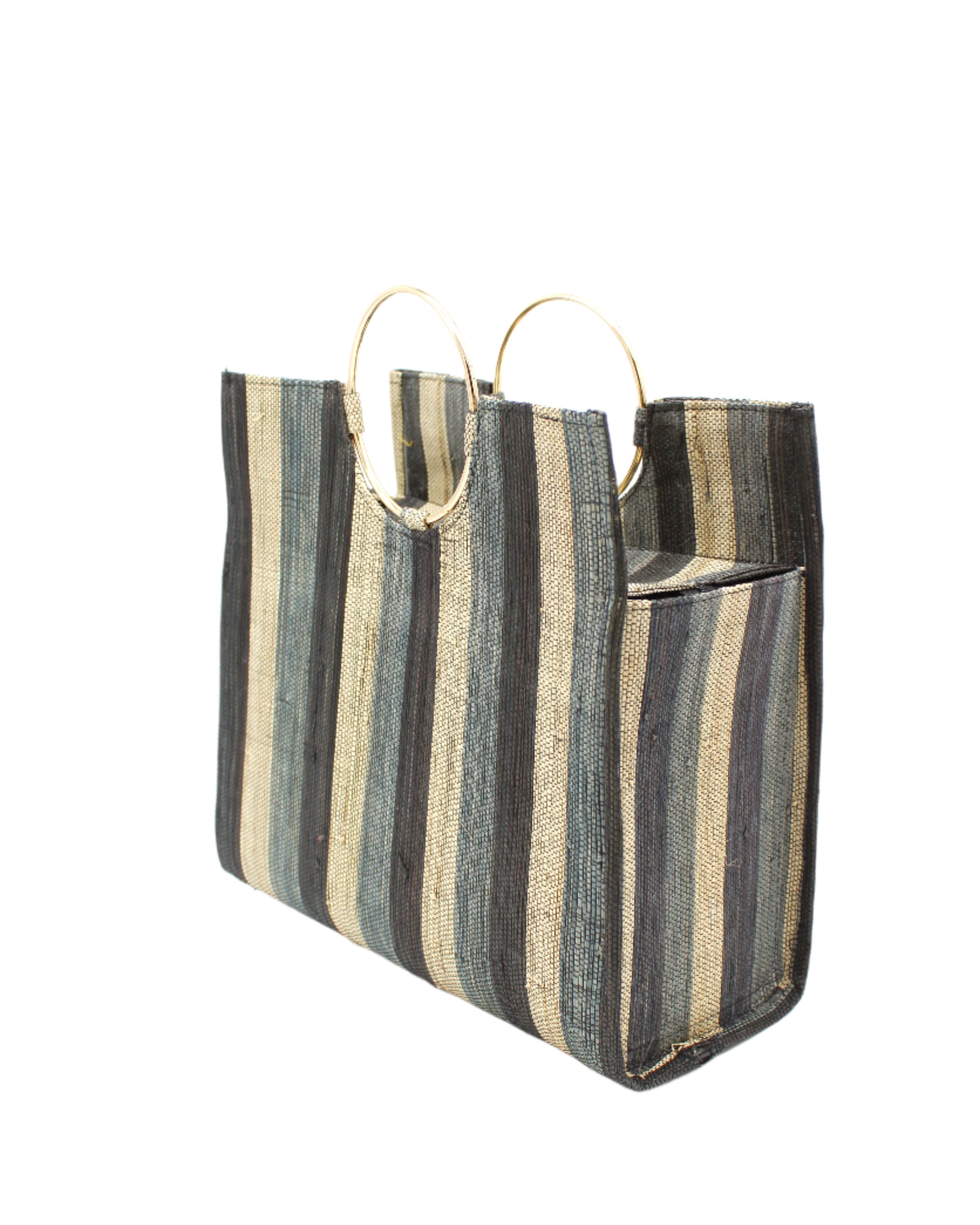 Side View JoJo Woven Straw Handbag with Metal Ring Handle handmade natural raffia palm fiber in a stripe pattern of natural straw color, grey, and black with matching woven thread texture and metallic circular metal ring handle - Shebobo