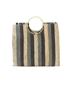 Black Swirl JoJo Woven Straw Handbag with Metal Ring Handle handmade natural raffia palm fiber in a stripe pattern of natural straw color, grey, and black with matching woven thread texture and metallic circular metal ring handle - Shebobo