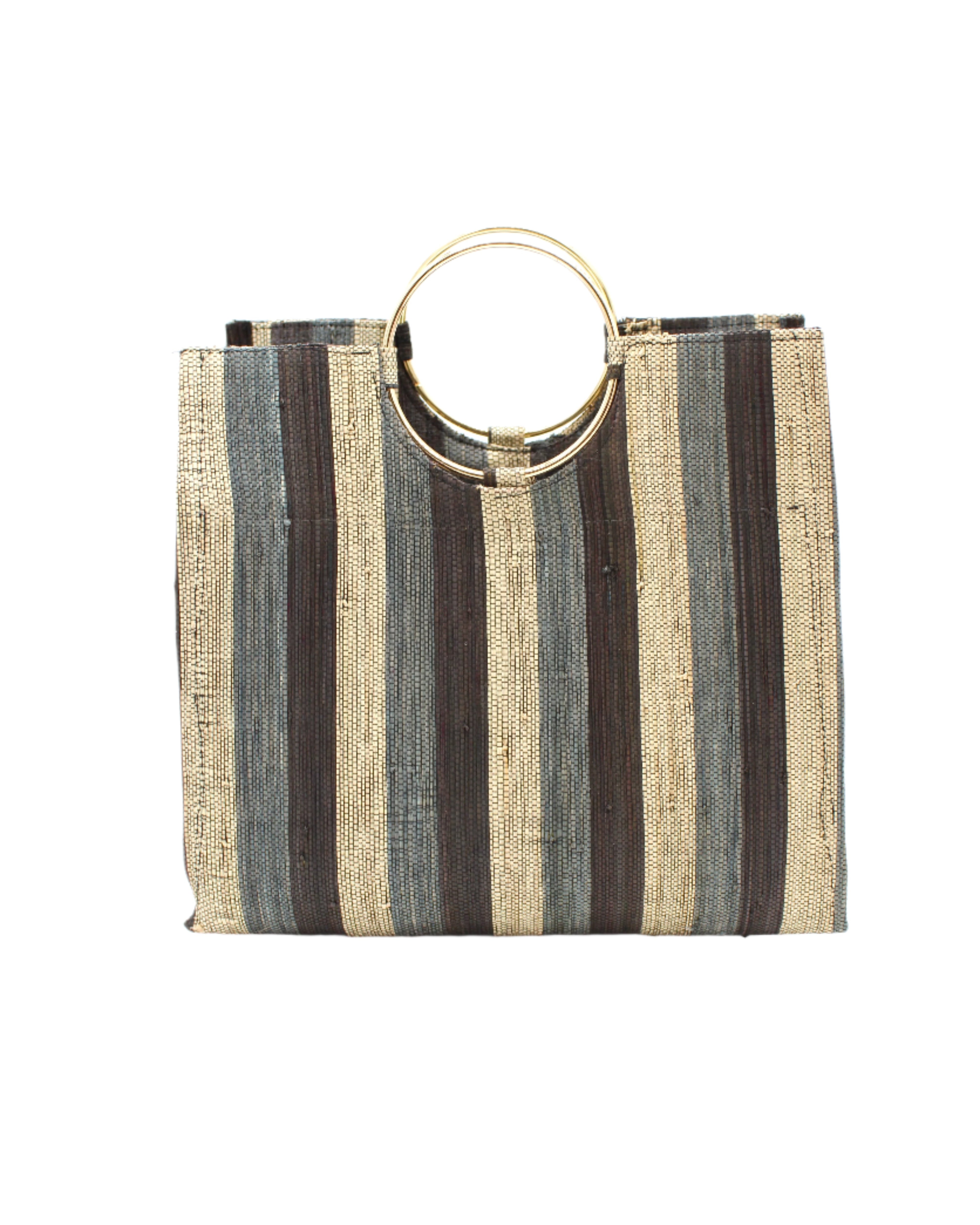 Black Swirl JoJo Woven Straw Handbag with Metal Ring Handle handmade natural raffia palm fiber in a stripe pattern of natural straw color, grey, and black with matching woven thread texture and metallic circular metal ring handle - Shebobo