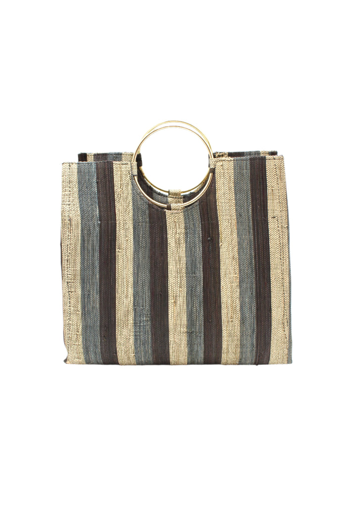 Black Swirl JoJo Woven Straw Handbag with Metal Ring Handle handmade natural raffia palm fiber in a stripe pattern of natural straw color, grey, and black with matching woven thread texture and metallic circular metal ring handle - Shebobo