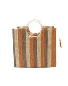 Blush Swirl JoJo Woven Straw Handbag with Metal Ring Handle handmade natural raffia palm fiber in a stripe pattern of natural straw color, grey, and blush pink/orange with matching woven thread texture and metallic circular metal ring handle - Shebobo