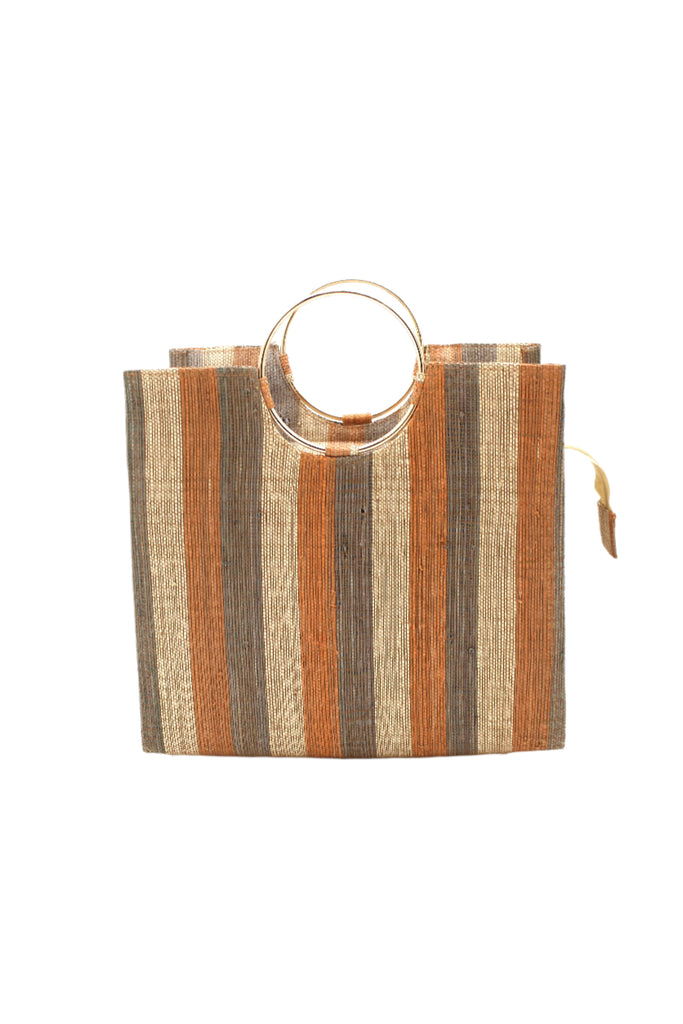 Blush Swirl JoJo Woven Straw Handbag with Metal Ring Handle handmade natural raffia palm fiber in a stripe pattern of natural straw color, grey, and blush pink/orange with matching woven thread texture and metallic circular metal ring handle - Shebobo
