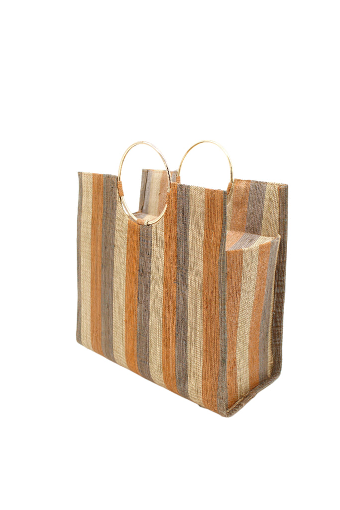 Side View JoJo Woven Straw Handbag with Metal Ring Handle handmade natural raffia palm fiber in a stripe pattern of natural straw color, grey, and blush pink/orange with matching woven thread texture and metallic circular metal ring handle - Shebobo