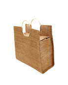 Side view JoJo Woven Straw Handbag with Metal Ring Handle handmade natural raffia palm fiber in a solid hue of Cappuccino tea/light/brown with matching woven thread texture and metallic circular metal ring handle - Shebobo