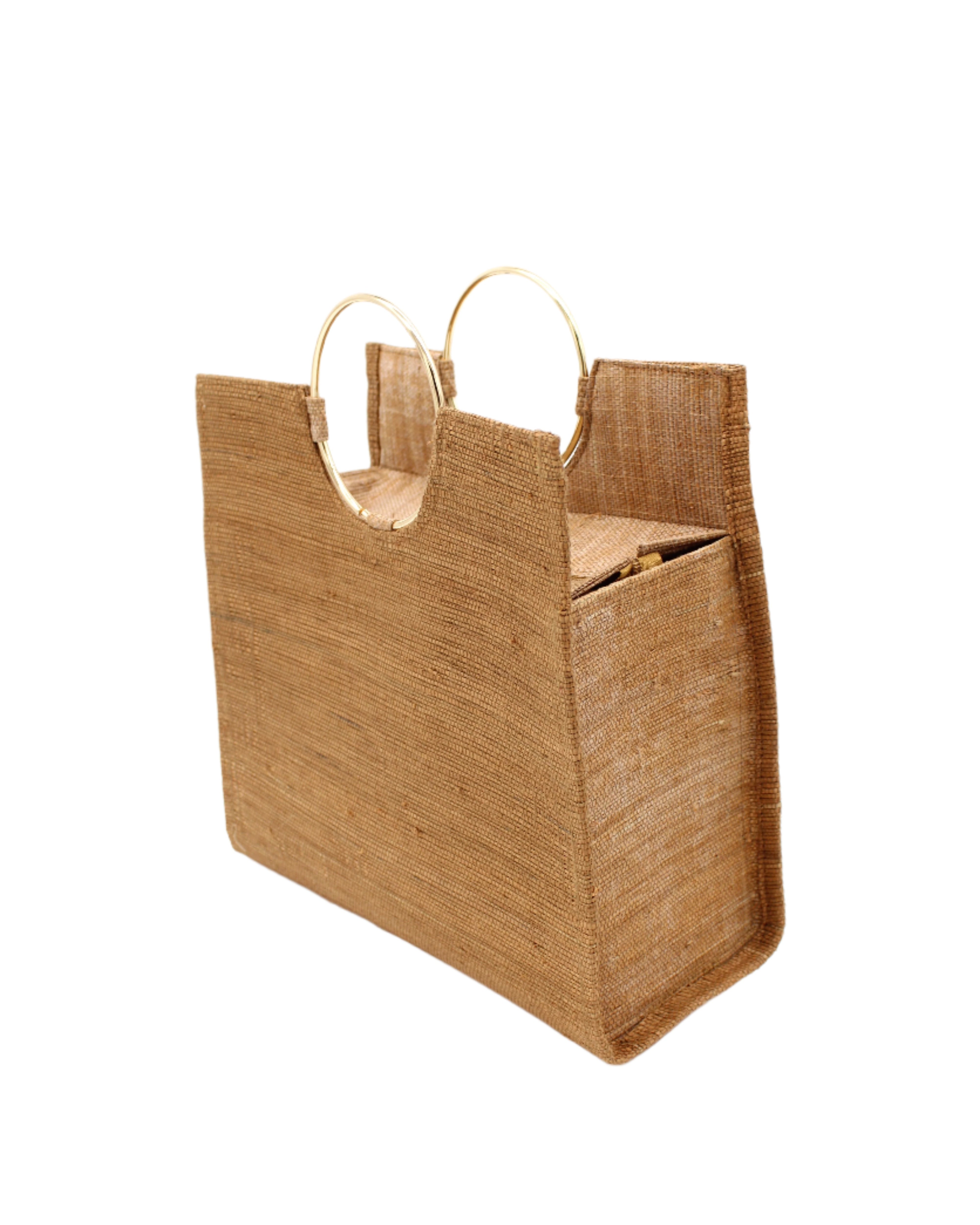 Side view JoJo Woven Straw Handbag with Metal Ring Handle handmade natural raffia palm fiber in a solid hue of Cappuccino tea/light/brown with matching woven thread texture and metallic circular metal ring handle - Shebobo