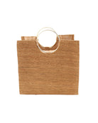 JoJo Woven Straw Handbag with Metal Ring Handle handmade natural raffia palm fiber in a solid hue of Cappuccino tea/light/brown with matching woven thread texture and metallic circular metal ring handle - Shebobo