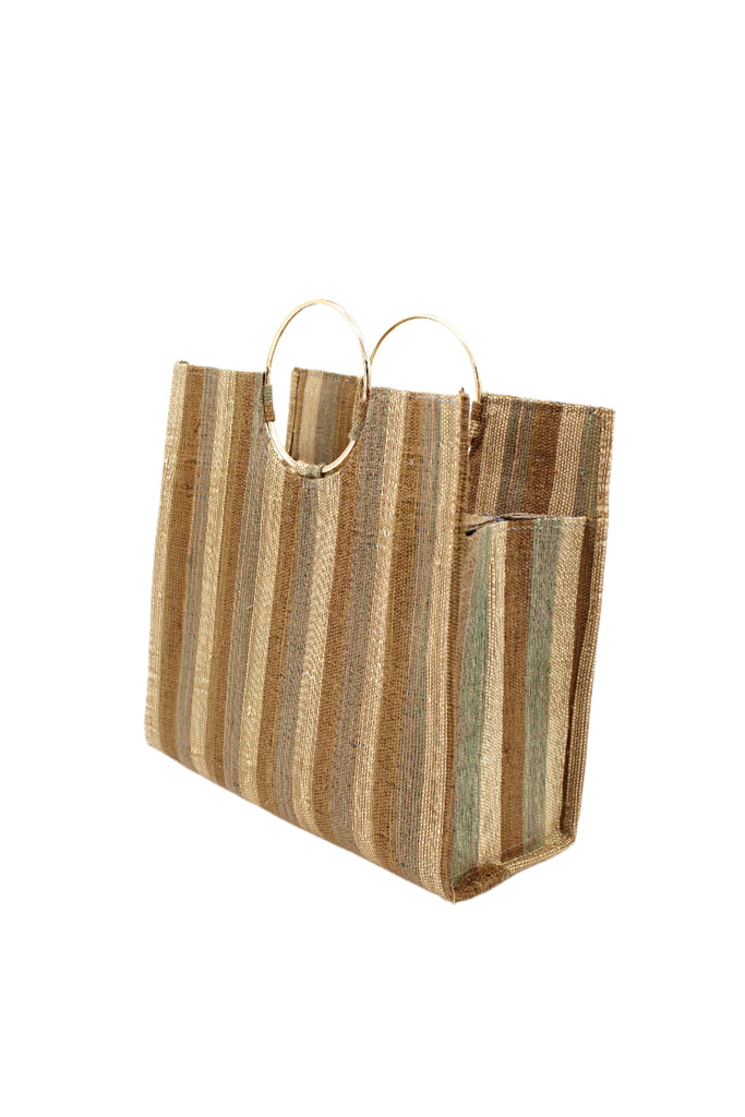 Side View JoJo Woven Straw Handbag with Metal Ring Handle handmade natural raffia palm fiber in a stripe pattern of natural straw color, grey, and Cinnamon tobacco/dark/brown with matching woven thread texture and metallic circular metal ring handle - Shebobo