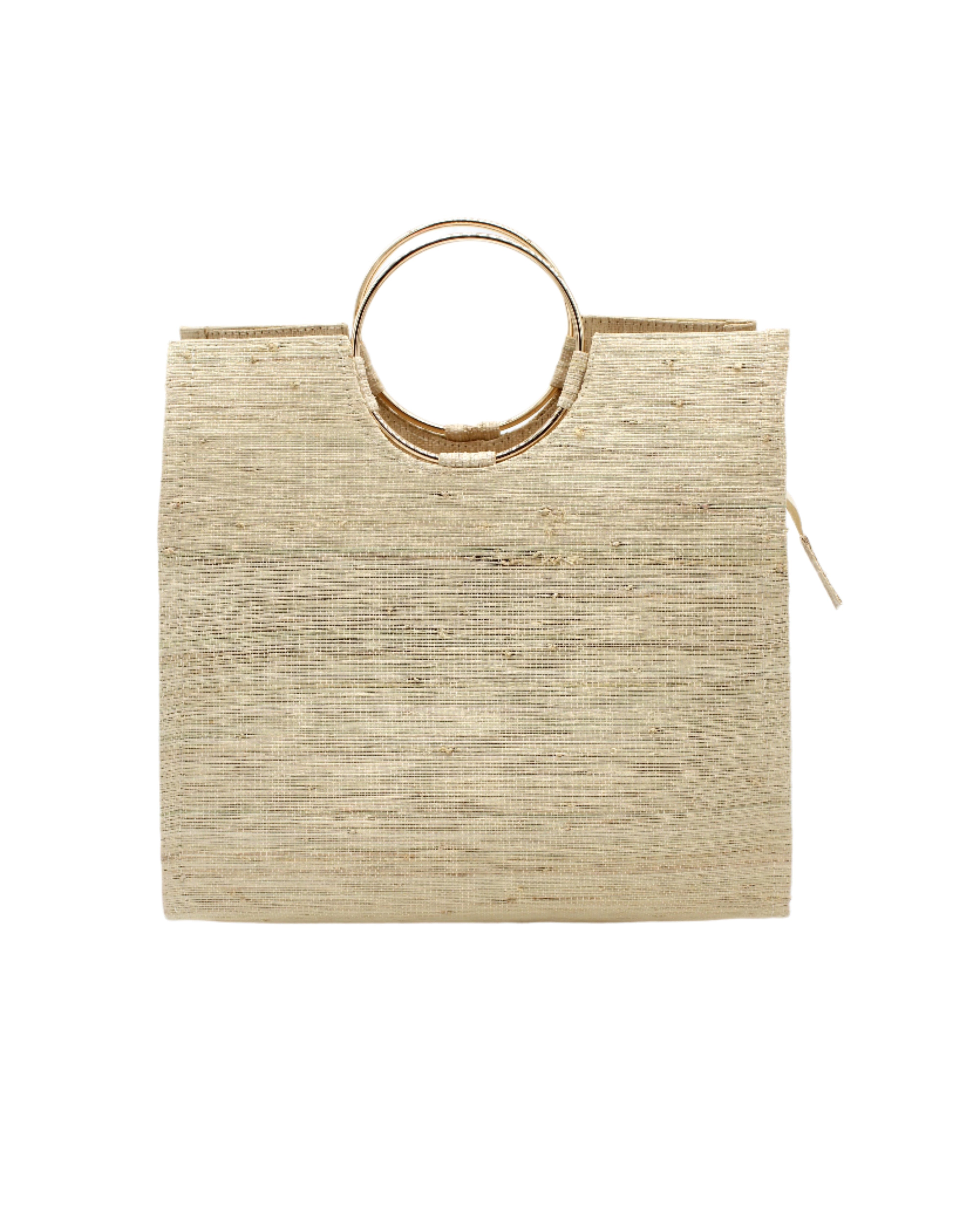 JoJo Woven Straw Handbag with Metal Ring Handle handmade natural raffia palm fiber in a solid hue of natural straw color with matching woven thread texture and metallic circular metal ring handle - Shebobo