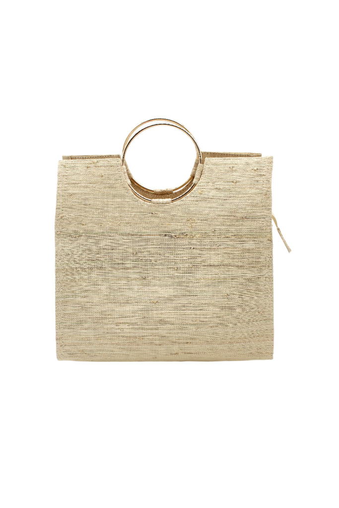 JoJo Woven Straw Handbag with Metal Ring Handle handmade natural raffia palm fiber in a solid hue of natural straw color with matching woven thread texture and metallic circular metal ring handle - Shebobo