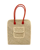 Josephine 50's Inspired Woven Straw Handbag handmade natural raffia palm fiber in natural straw color woven with contrasting Black thread stitching in a subtle diagonal stripe pattern consisting of bands of ovals and circles with loomed raffia edging around the bag as well as the pocket and flap of the exterior pocket - Shebobo