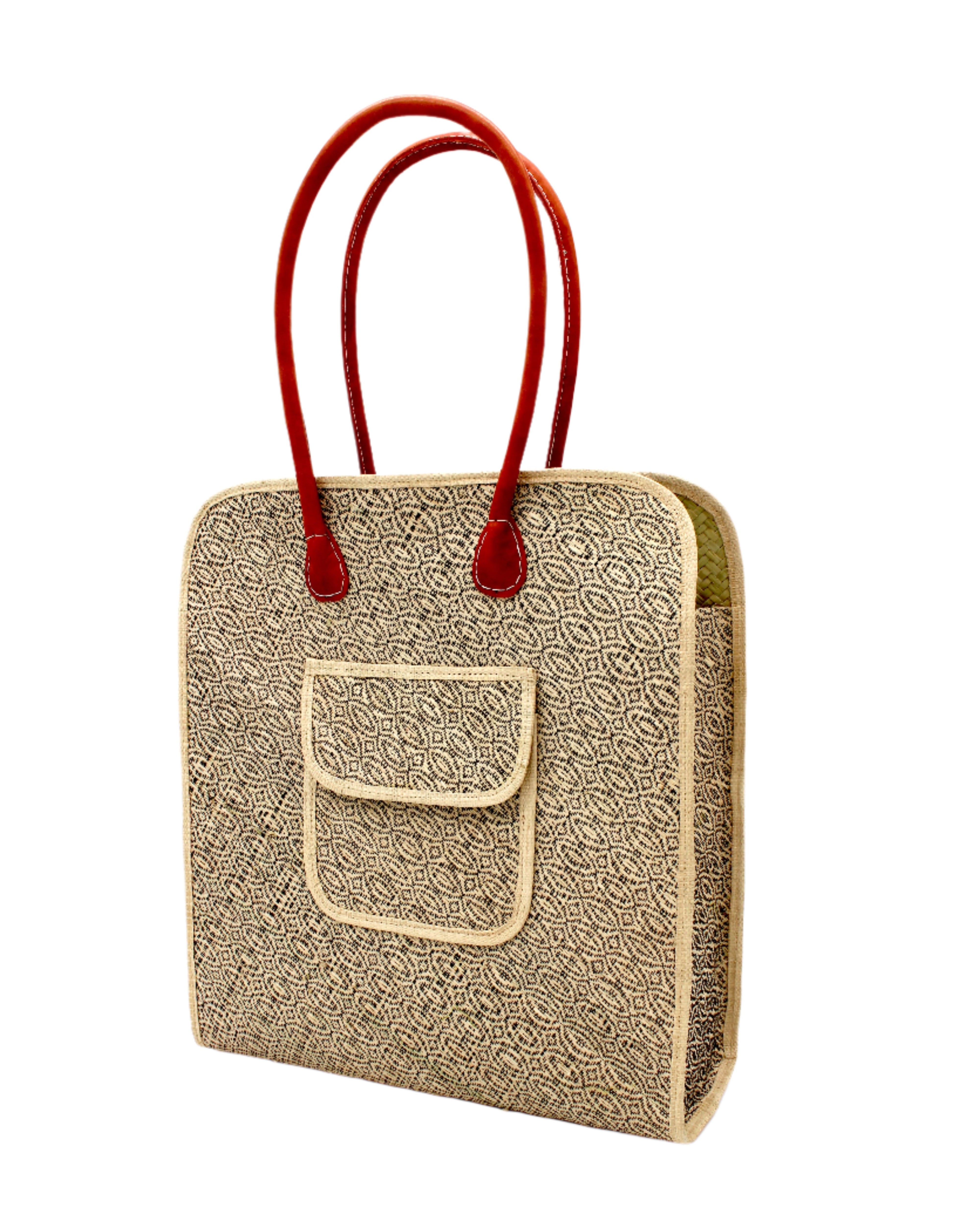 Side view Josephine 50's Inspired Woven Straw Handbag handmade natural raffia palm fiber in natural straw color woven with contrasting Black thread stitching in a subtle diagonal stripe pattern consisting of bands of ovals and circles with loomed raffia edging around the bag as well as the pocket and flap of the exterior pocket - Shebobo