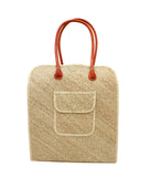 Josephine 50's Inspired Woven Straw Handbag handmade natural raffia palm fiber in natural straw color woven with contrasting Cinnamon tobacco/dark/brown thread stitching in a subtle diagonal stripe pattern consisting of bands of ovals and circles with loomed raffia edging around the bag as well as the pocket and flap of the exterior pocket - Shebobo