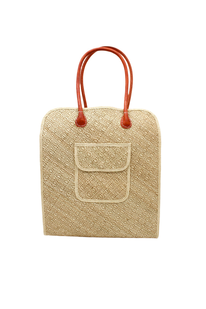 Josephine 50's Inspired Woven Straw Handbag handmade natural raffia palm fiber in natural straw color woven with contrasting Cinnamon tobacco/dark/brown thread stitching in a subtle diagonal stripe pattern consisting of bands of ovals and circles with loomed raffia edging around the bag as well as the pocket and flap of the exterior pocket - Shebobo