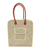 Josephine 50's Inspired Woven Straw Handbag handmade natural raffia palm fiber in natural straw color woven with contrasting Grey thread stitching in a subtle diagonal stripe pattern consisting of bands of ovals and circles with loomed raffia edging around the bag as well as the pocket and flap of the exterior pocket - Shebobo