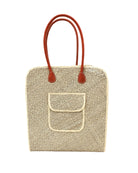 Josephine 50's Inspired Woven Straw Handbag handmade natural raffia palm fiber in natural straw color woven with contrasting Grey thread stitching in a subtle diagonal stripe pattern consisting of bands of ovals and circles with loomed raffia edging around the bag as well as the pocket and flap of the exterior pocket - Shebobo