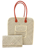 Set view Josephine 50's Inspired Woven Straw Handbag handmade natural raffia palm fiber in natural straw color woven with contrasting Grey thread stitching in a subtle diagonal stripe pattern consisting of bands of ovals and circles with loomed raffia edging around the bag as well as the pocket and flap of the exterior pocket - Shebobo (with Josephine Clutch Purse)