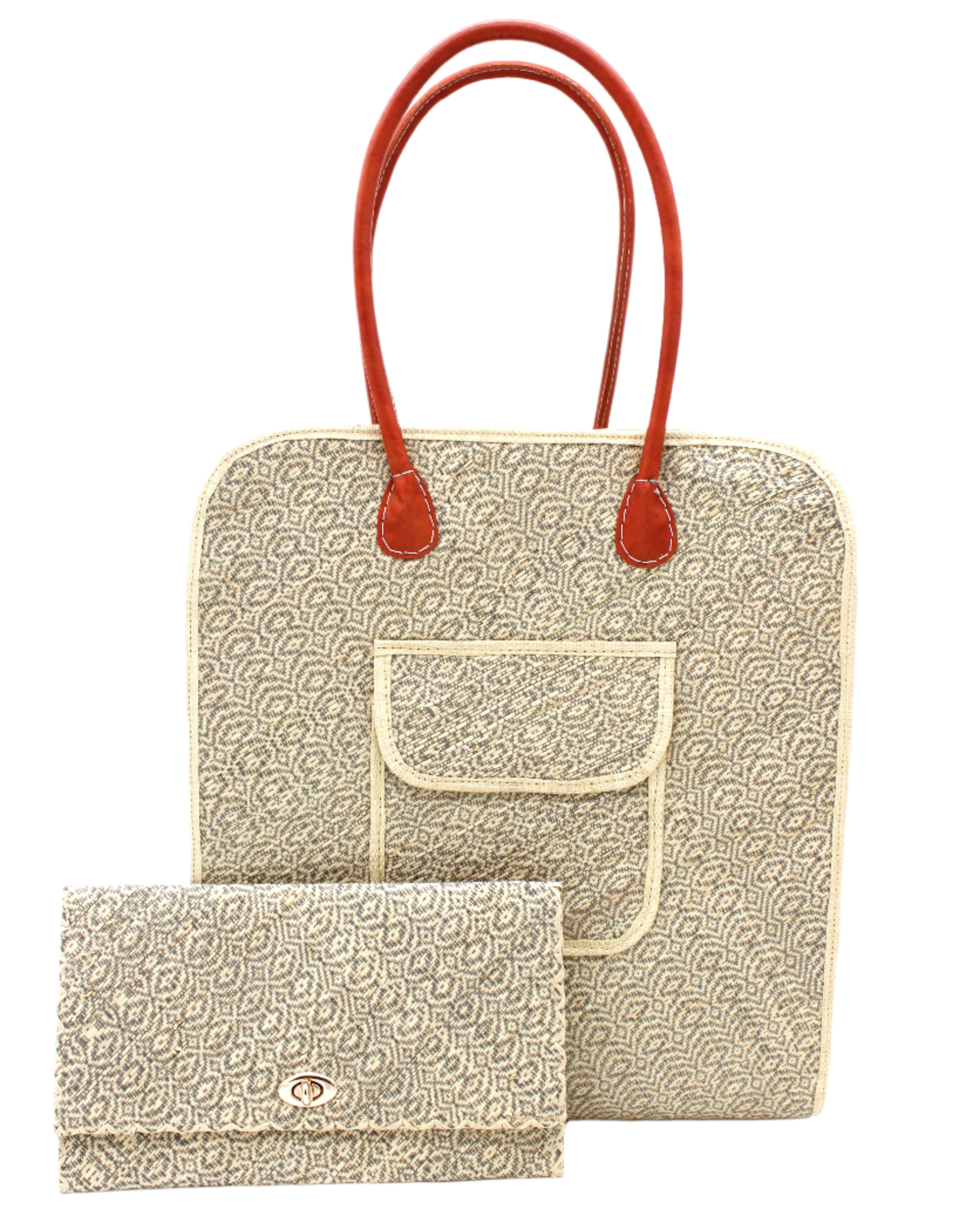 Set view Josephine 50's Inspired Woven Straw Handbag handmade natural raffia palm fiber in natural straw color woven with contrasting Grey thread stitching in a subtle diagonal stripe pattern consisting of bands of ovals and circles with loomed raffia edging around the bag as well as the pocket and flap of the exterior pocket - Shebobo (with Josephine Clutch Purse)