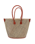 Josephine Woven Small Straw Tote Bag handmade natural raffia palm fiber in natural straw color woven with contrasting Black thread stitching in a subtle diagonal stripe pattern consisting of bands of ovals and circles with natural cross-stitch edge and leather handles beach bag shoulder bag - Shebobo