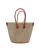 Josephine Woven Small Straw Tote Bag handmade natural raffia palm fiber in natural straw color woven with contrasting Black thread stitching in a subtle diagonal stripe pattern consisting of bands of ovals and circles with natural cross-stitch edge and leather handles beach bag shoulder bag - Shebobo