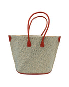 Josephine Woven Small Straw Tote Bag handmade natural raffia palm fiber in natural straw color woven with contrasting Turquoise blue/green thread stitching in a subtle diagonal stripe pattern consisting of bands of ovals and circles with natural cross-stitch edge and leather handles beach bag shoulder bag - Shebobo