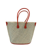 Josephine Woven Small Straw Tote Bag handmade natural raffia palm fiber in natural straw color woven with contrasting Turquoise blue/green thread stitching in a subtle diagonal stripe pattern consisting of bands of ovals and circles with natural cross-stitch edge and leather handles beach bag shoulder bag - Shebobo