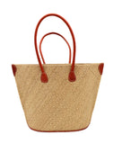 Josephine Woven Small Straw Tote Bag handmade natural raffia palm fiber in natural straw color woven with contrasting Tobacco cinnamon/dark/brown thread stitching in a subtle diagonal stripe pattern consisting of bands of ovals and circles with natural cross-stitch edge and leather handles beach bag shoulder bag - Shebobo