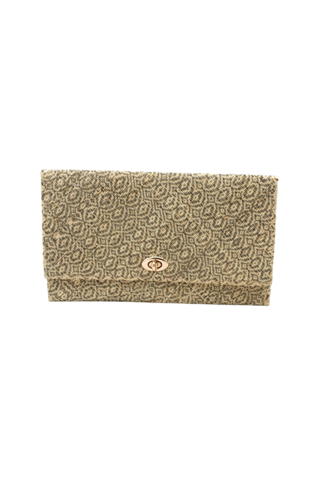 Josephine Woven Straw Clutch Purse handmade natural raffia palm fiber in natural straw color woven with contrasting grey thread stitching in a subtle diagonal stripe pattern consisting of bands of ovals and circles handbag with crosshatch stitch edging - Shebobo