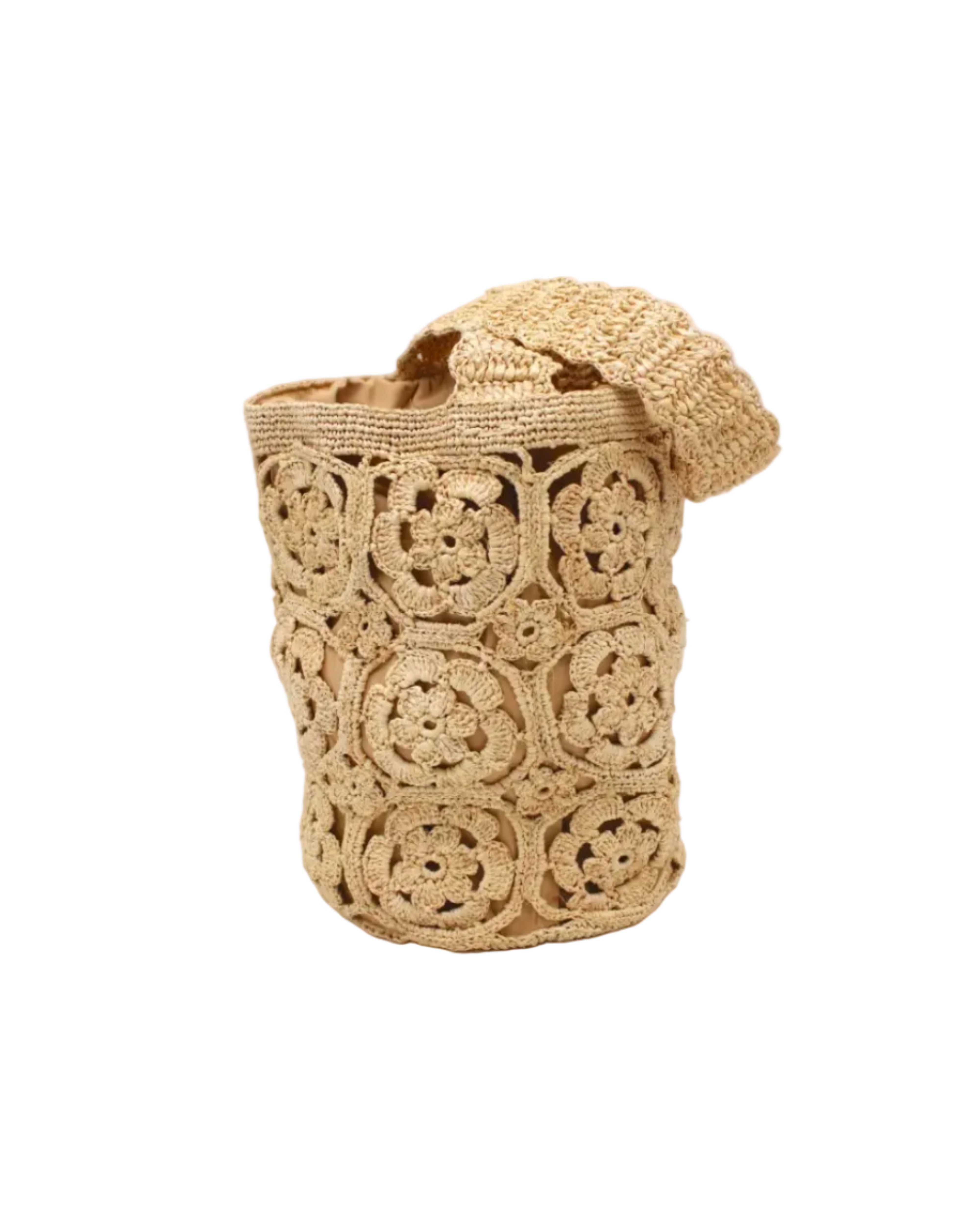 Juliette Flower Crochet Raffia Straw Basket Bucket Handbag handmade natural raffia palm fiber in a solid hue of natural straw color woven into a geometric granny square floral cutout pattern with two size flowers around the circumference of the bag and a horizontal band of link texture around the top of the bag with scalloped edge woven single shoulder strap - Shebobo