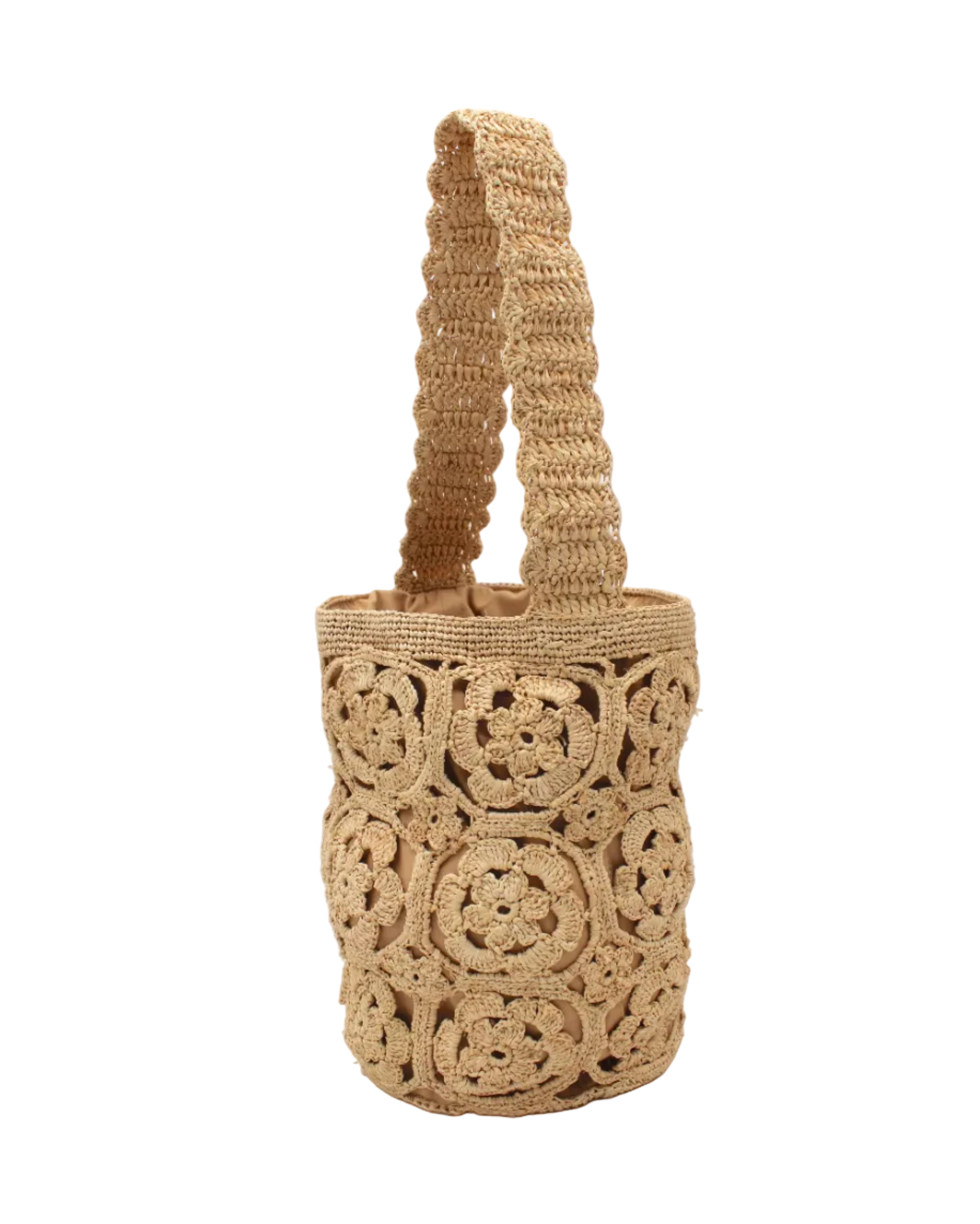 Juliette Flower Crochet Raffia Straw Basket Bucket Handbag handmade natural raffia palm fiber in a solid hue of natural straw color woven into a geometric granny square floral cutout pattern with two size flowers around the circumference of the bag and a horizontal band of link texture around the top of the bag with scalloped edge woven single shoulder strap - Shebobo