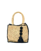 Kimba handmade crochet two tone handbag purse natural straw color with black trim and crochet cascading balls plus tassel bag charm embellishment - Shebobo