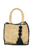 Kimba handmade crochet two tone handbag purse natural straw color with black trim and crochet cascading balls plus tassel bag charm embellishment - Shebobo