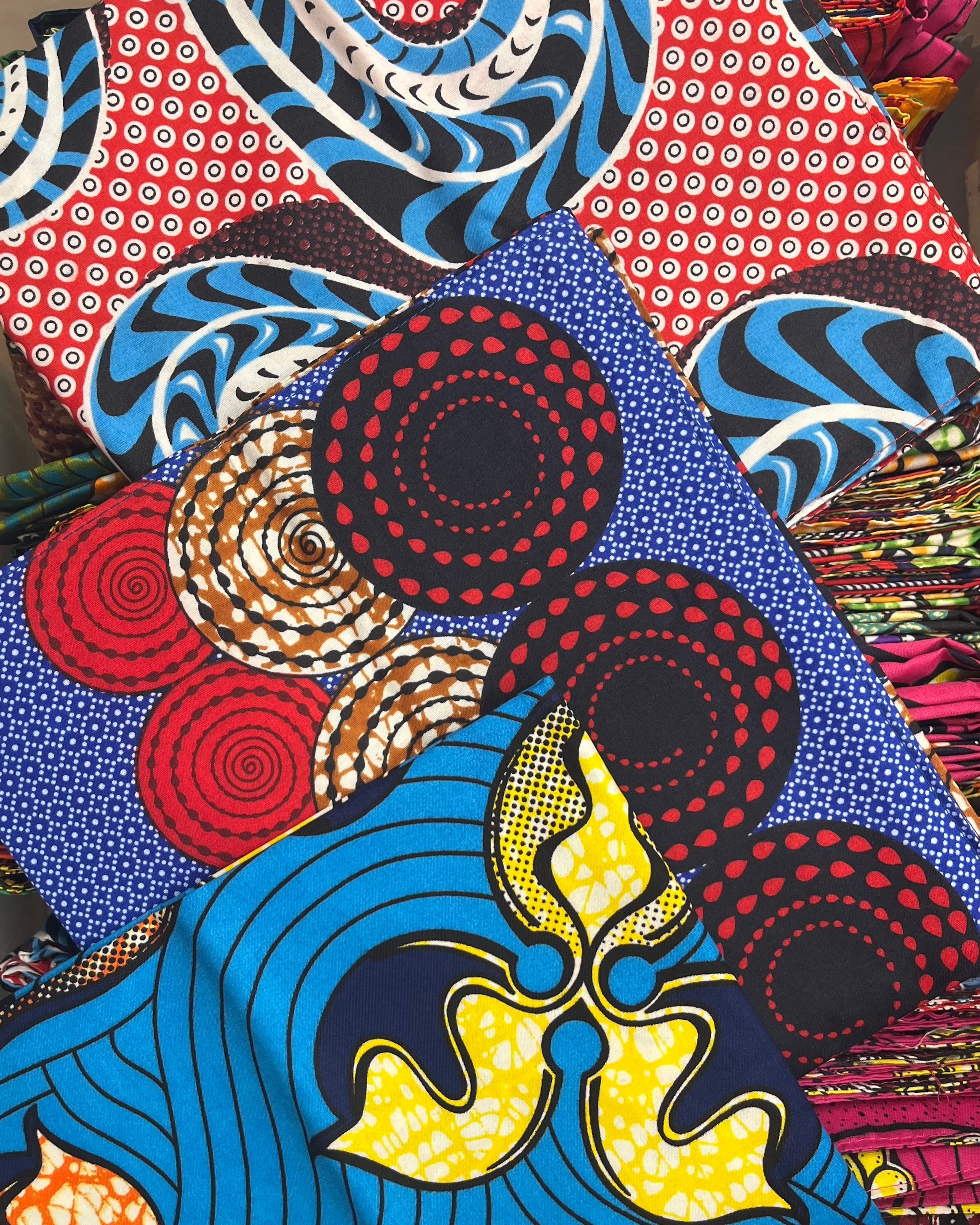Sample view blue prints Kamari African Print Wax Cloth Multicolor bright bold fun assorted print double layer bandanas can be worn as headbands or scarves - Shebobo