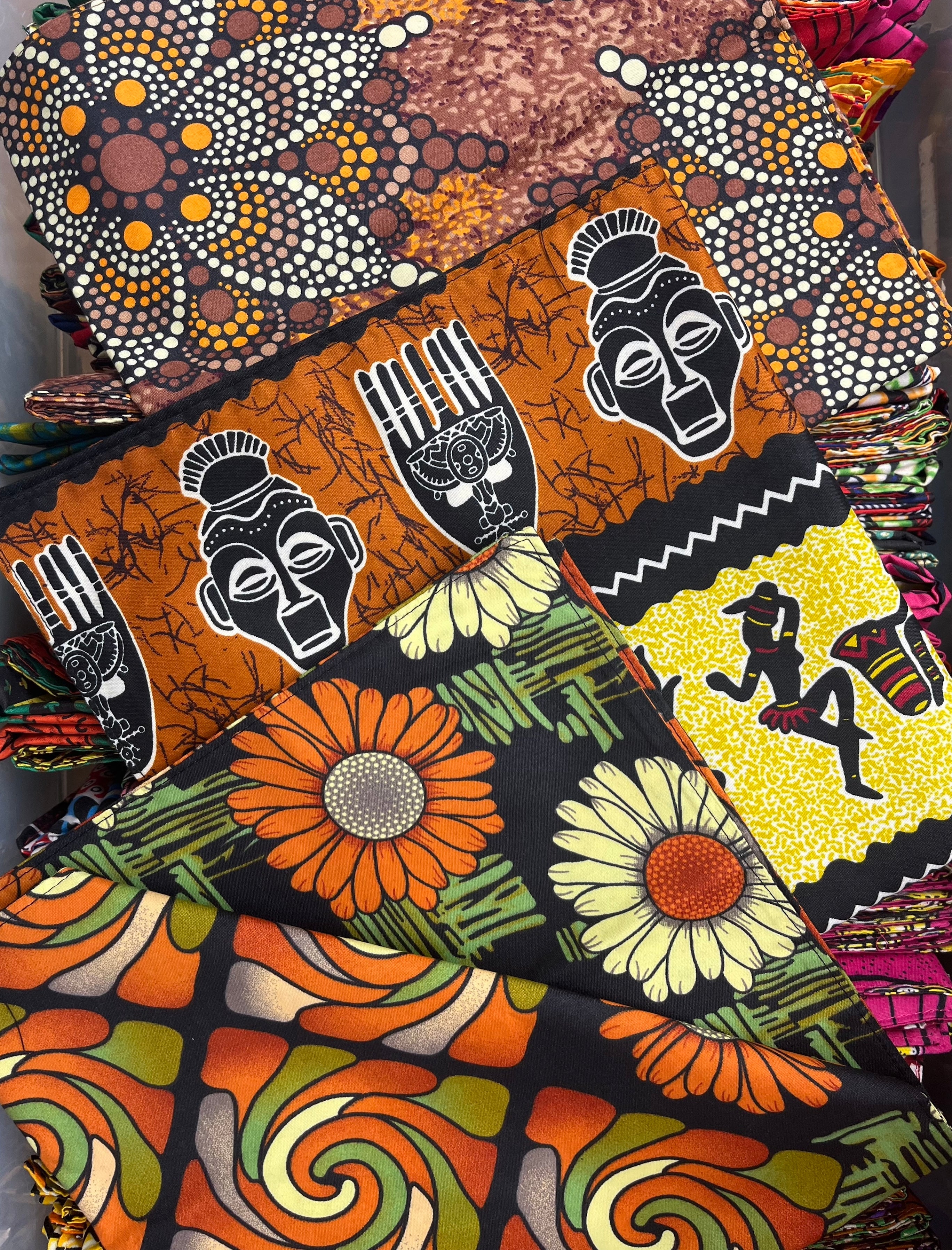 Sample view brown prints Kamari African Print Wax Cloth Multicolor bright bold fun assorted print double layer bandanas can be worn as headbands or scarves - Shebobo
