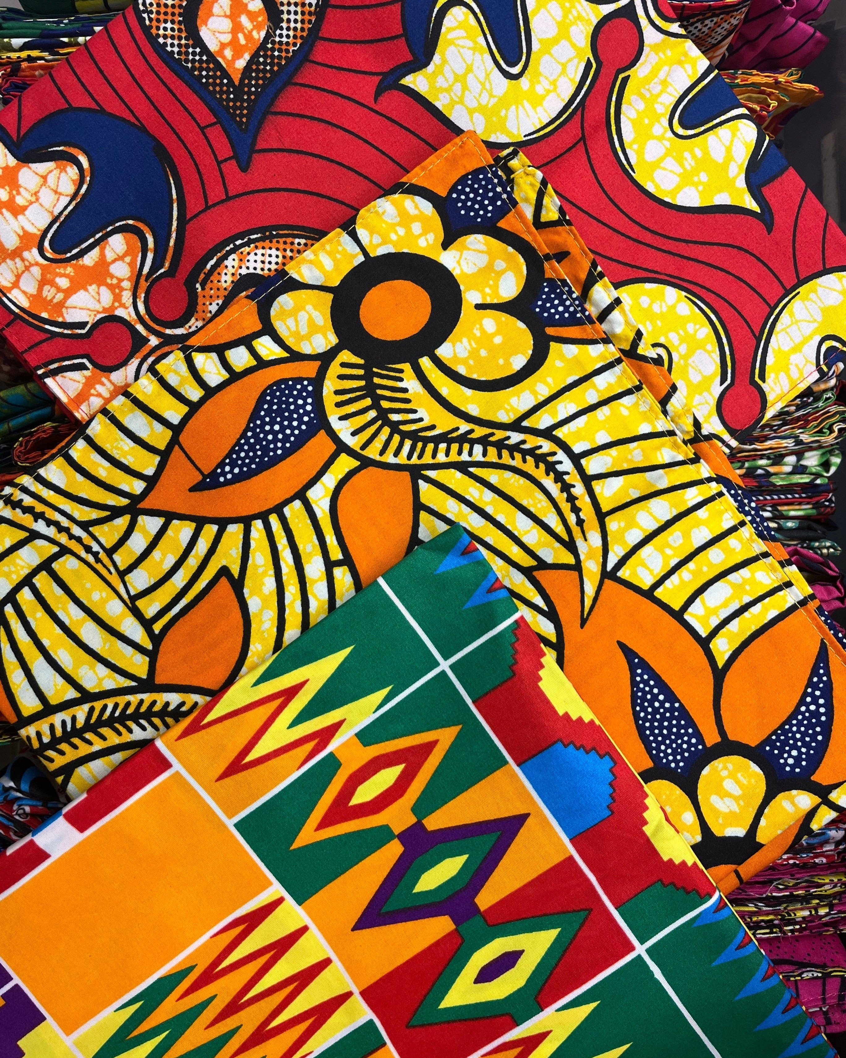 Sample view yellow prints Kamari African Print Wax Cloth Multicolor bright bold fun assorted print double layer bandanas can be worn as headbands or scarves - Shebobo