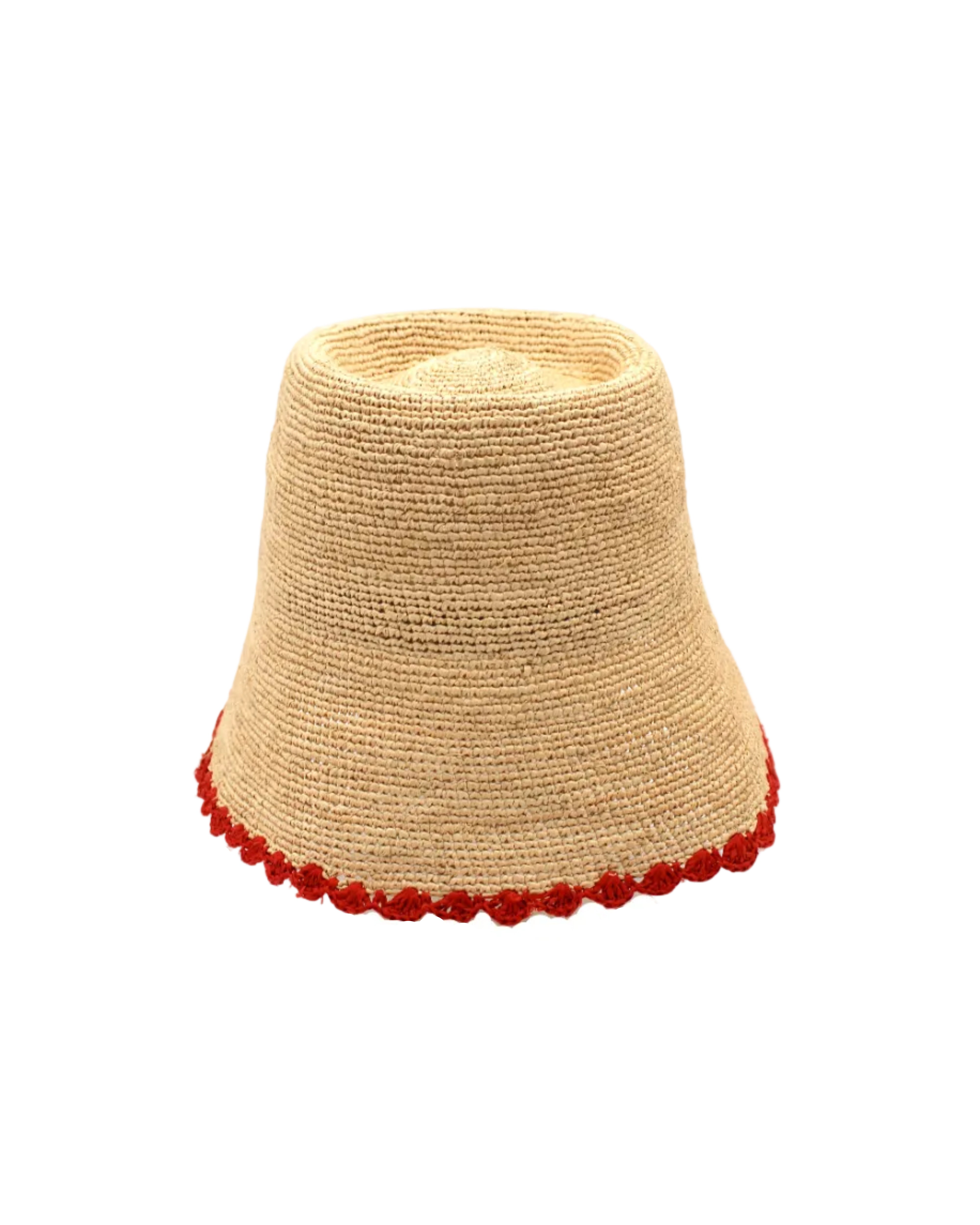 Kate Natural with Fuchsia Crochet Bucket Straw Hats with Colored Lace Weave Edge handmade woven raffia palm fiber in a solid hue of natural straw color in a subtle link texture with coral orange/red lace weave floral edge trim around the outer brim two tone multicolor uv protection hat - Shebobo