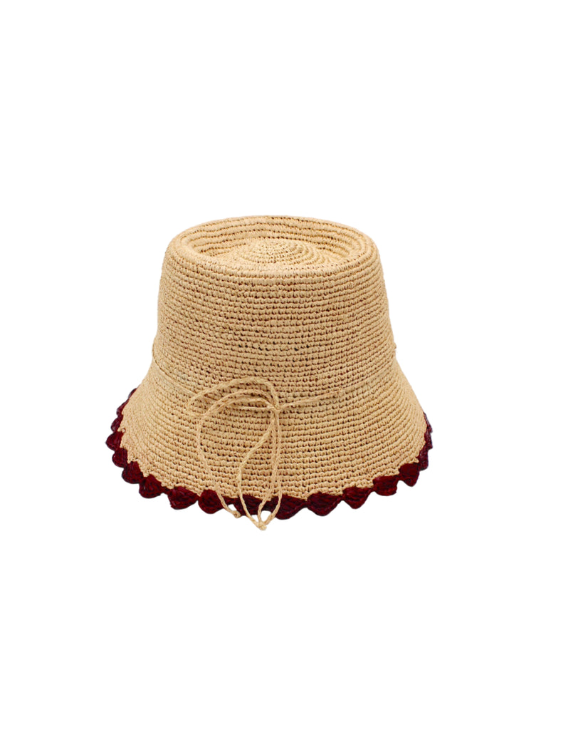 Kate Natural with Umberwine Crochet Bucket Straw Hats with Colored Lace Weave Edge handmade woven raffia palm fiber in a solid hue of natural straw color in a subtle link texture with umberwine bordeaux/claret/deep/dark/red/purple lace weave floral edge trim around the outer brim two tone multicolor uv protection hat - Shebobo