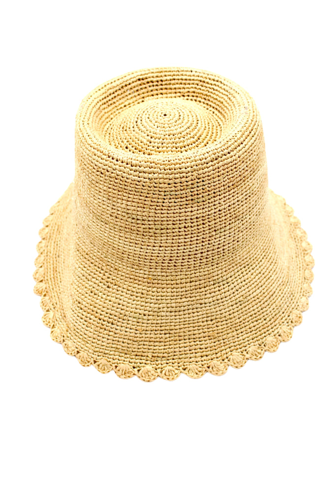 Kate Natural Crochet Bucket Straw Hats with Colored Lace Weave Edge handmade woven raffia palm fiber in a solid hue of natural straw color in a subtle link texture with lace weave floral edge trim around the outer brim two tone multicolor uv protection hat - Shebobo