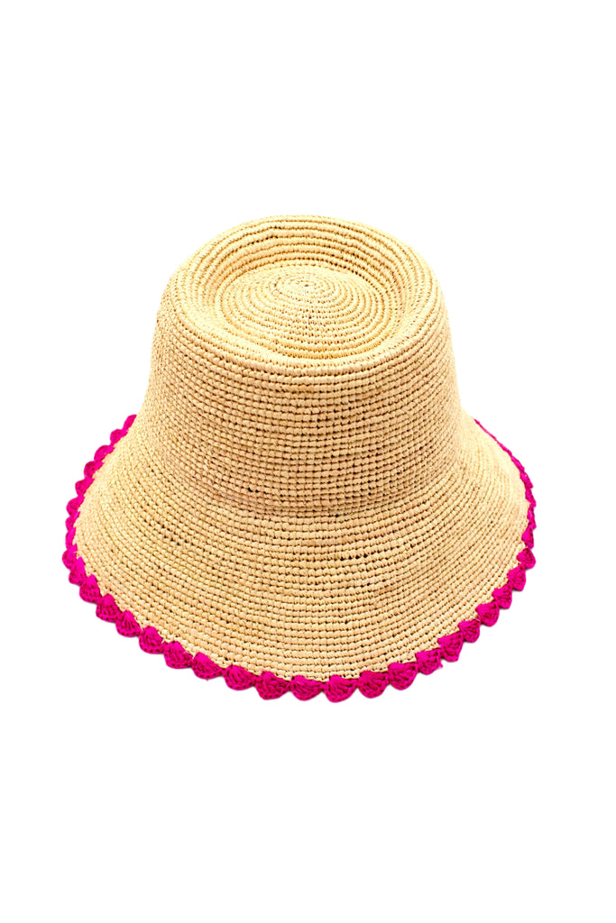 Kate Natural with Fuchsia Crochet Bucket Straw Hats with Colored Lace Weave Edge handmade woven raffia palm fiber in a solid hue of natural straw color in a subtle link texture with fuchsia hot/bright/barbie/pink lace weave floral edge trim around the outer brim two tone multicolor uv protection hat - Shebobo