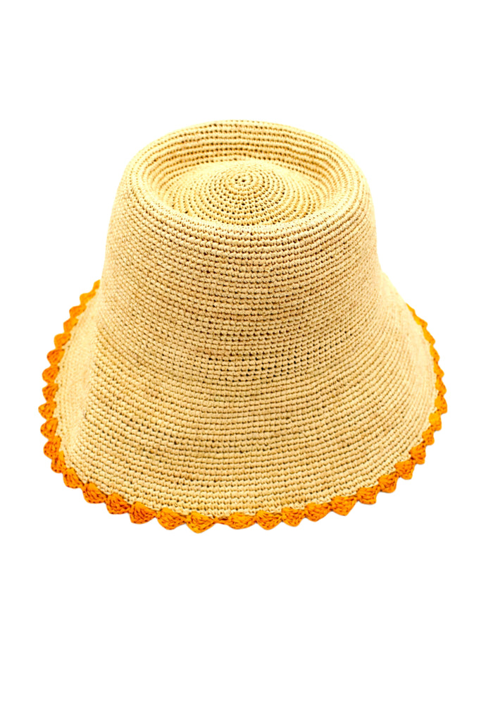 Kate Natural with Saffron Crochet Bucket Straw Hats with Colored Lace Weave Edge handmade woven raffia palm fiber in a solid hue of natural straw color in a subtle link texture with saffron yellow/orange lace weave floral edge trim around the outer brim two tone multicolor uv protection hat - Shebobo