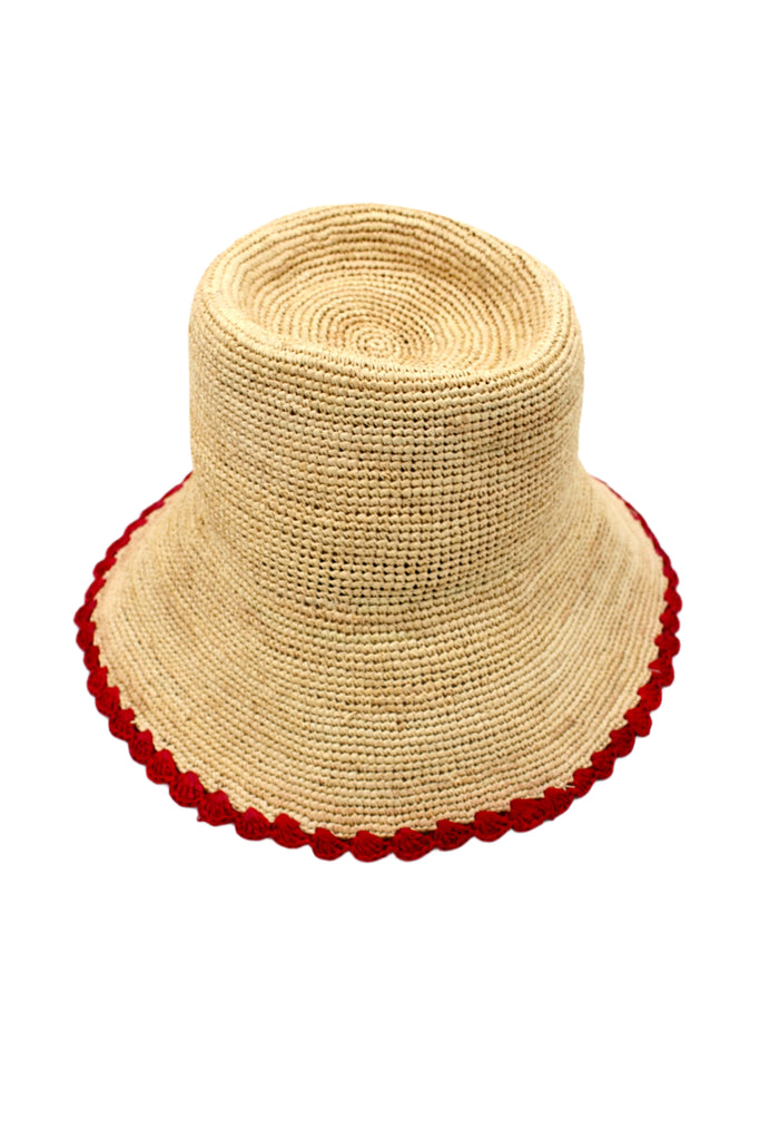 Kate Natural with Red Crochet Bucket Straw Hats with Colored Lace Weave Edge handmade woven raffia palm fiber in a solid hue of natural straw color in a subtle link texture with red lace weave floral edge trim around the outer brim two tone multicolor uv protection hat - Shebobo