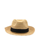 Kelly Crochet Fedora - Unisex Straw Sun Hats handmade woven natural raffia palm fiber in a solid hue of natural straw color with woven in hatband of  black - Shebobo