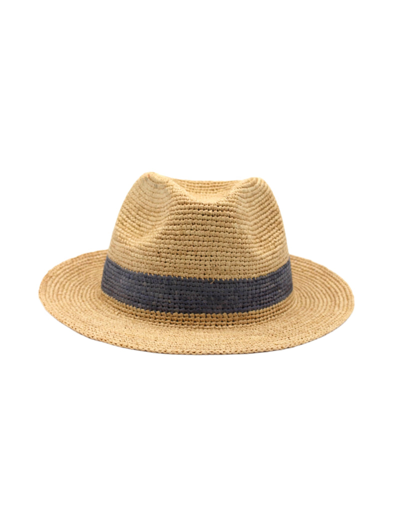 Kelly Crochet Fedora - Unisex Straw Sun Hats handmade woven natural raffia palm fiber in a solid hue of natural straw color with woven in hatband of  grey - Shebobo