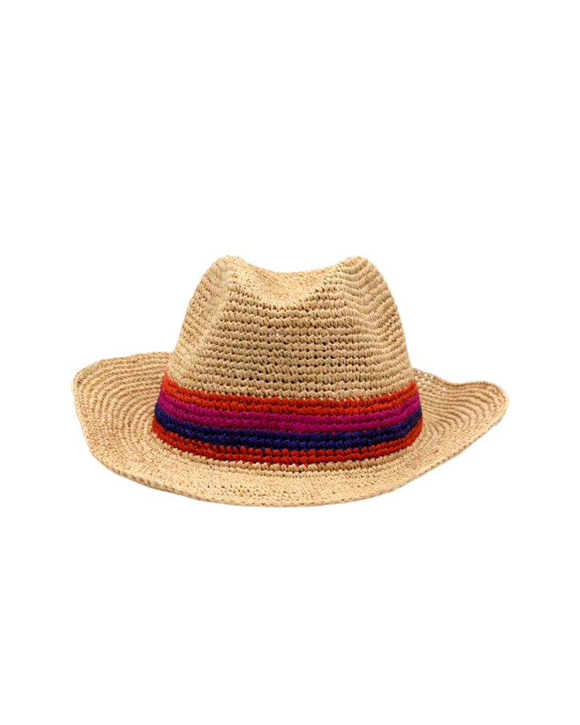 Kelly Crochet Fedora - Unisex Straw Sun Hats handmade woven natural raffia palm fiber in a solid hue of natural straw color with woven in multicolored hatband of fuchsia bright/hot/barbie/pink, coral orange/red, and navy blue hues - Shebobo